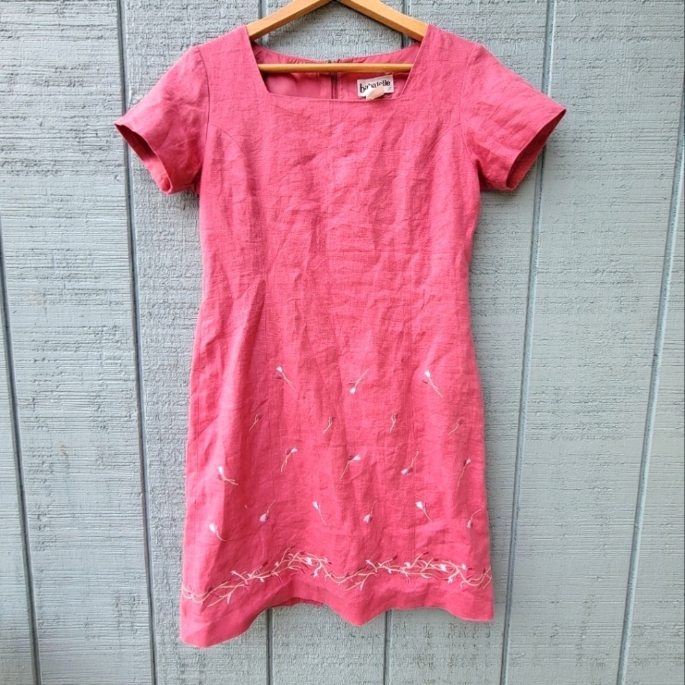 90s Bagatelle 100% Linen Floral Embroidered Square Neck Sheath Dress sz 4 Pink